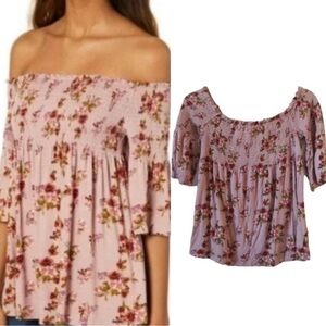 Rewind smocked off the shoulder pink floral top